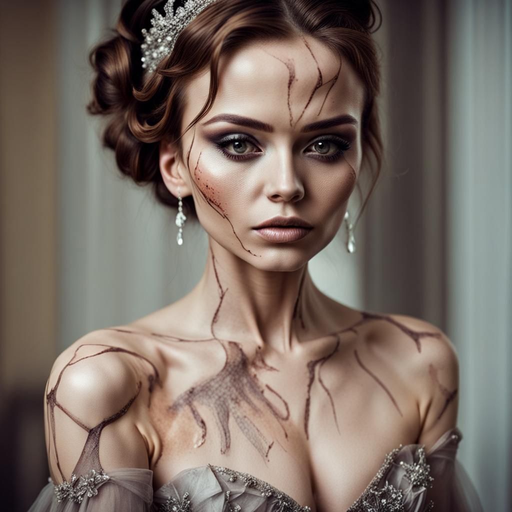 Beautiful Woman with Scars in Couture Dress