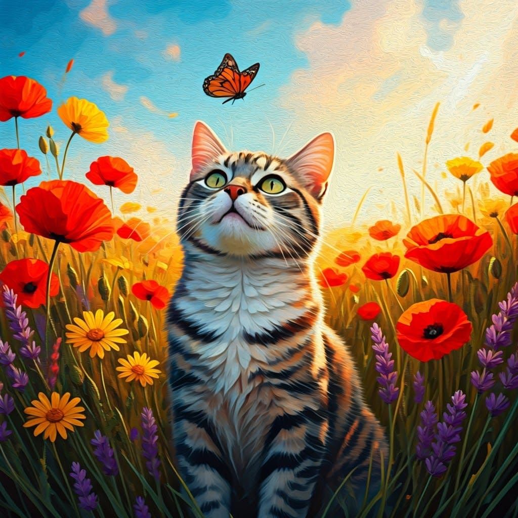 Cat with Butterfly in Wildflower Field as Expressionist Pain...