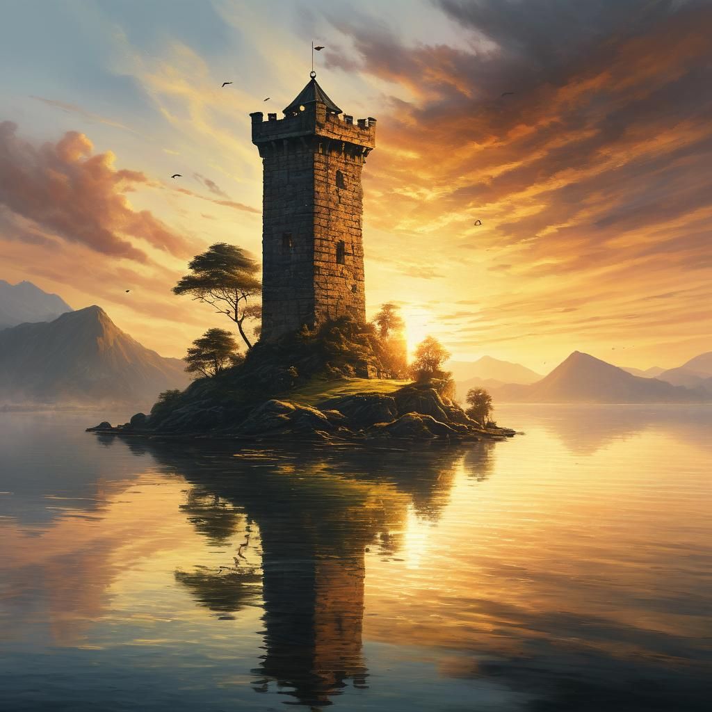 Island Watchtower at Sunset: Atmospheric Oil Painting