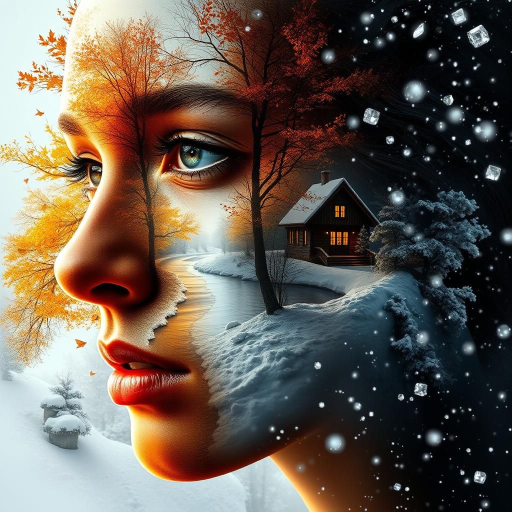 Seasonal Landscapes Merge in Hyperrealistic Portrait