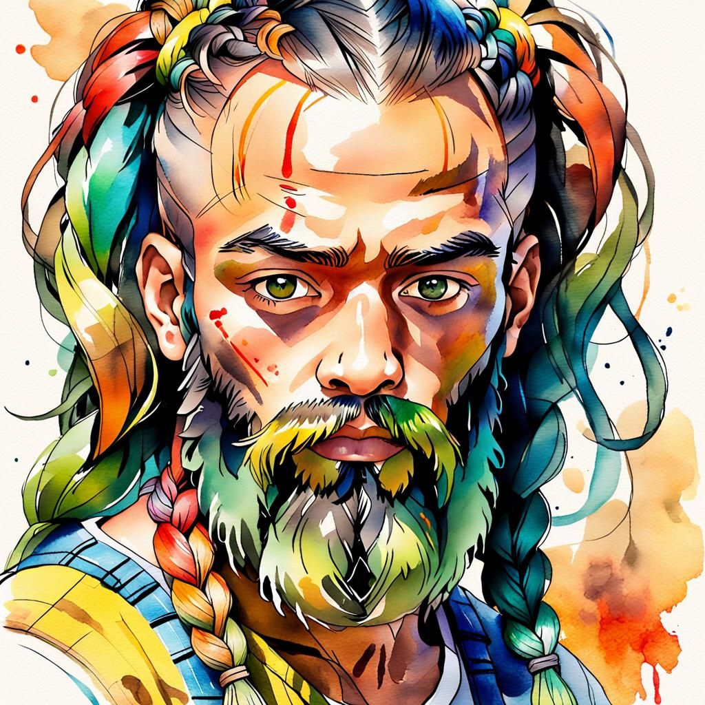 Braided Beard Portrait in Watercolor Art Nouveau Style