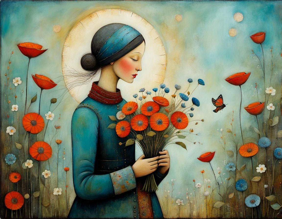 Woman with Flowers: Whimsical Encaustic Painting