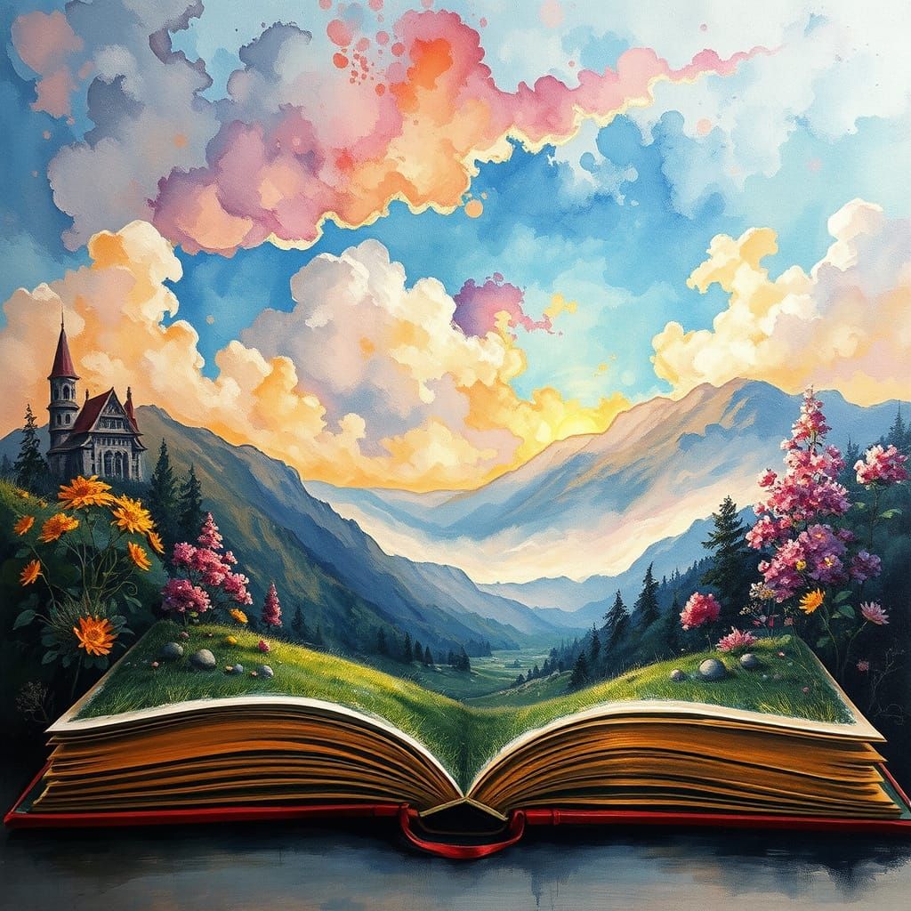 Dreamy Landscape Unfolds from Book: Gouache Charcoal Drawing