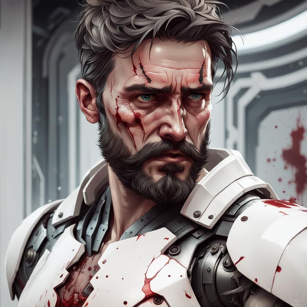 Wounded Man in Futuristic Armor: Concept Art Portrait