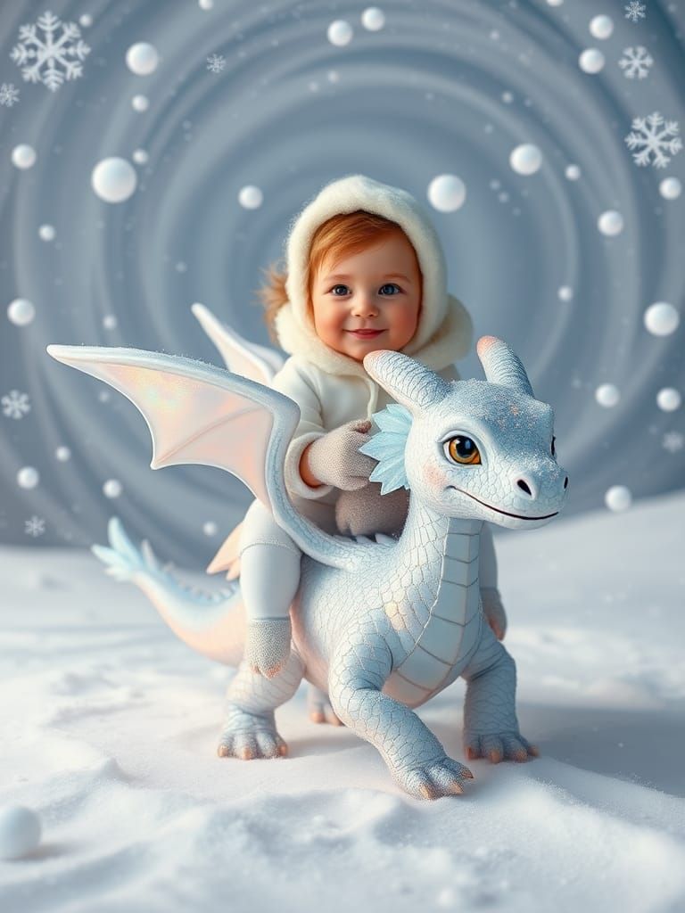 Toddler on Ice Dragon in Dreamy Snowscape