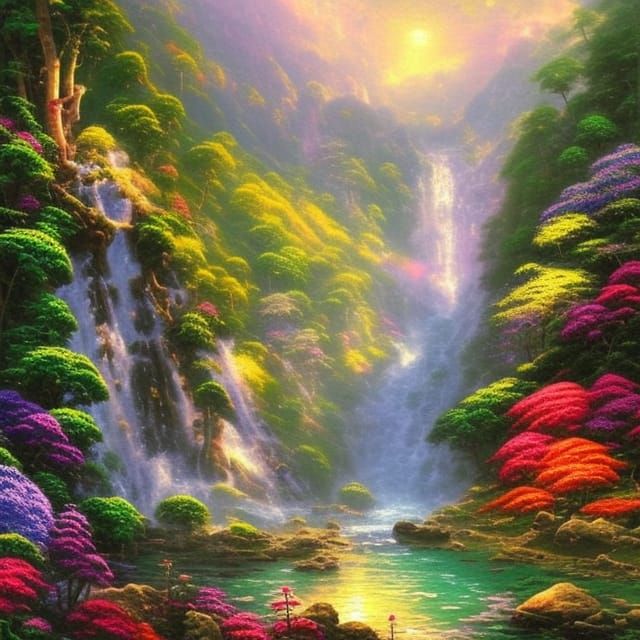 Tropical Waterfall Cave in Ethereal Kinkade Style