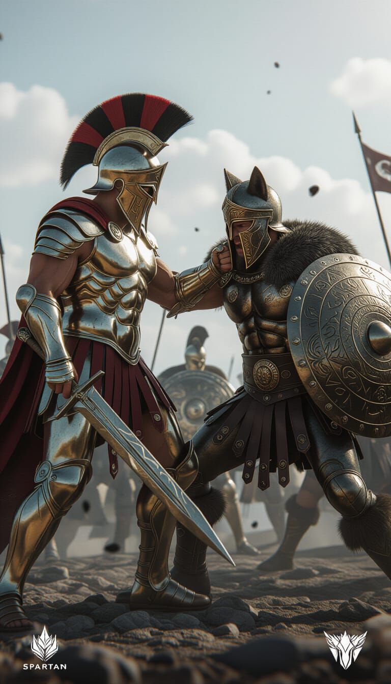 Futuristic Spartan Warrior Battles Armored Viking