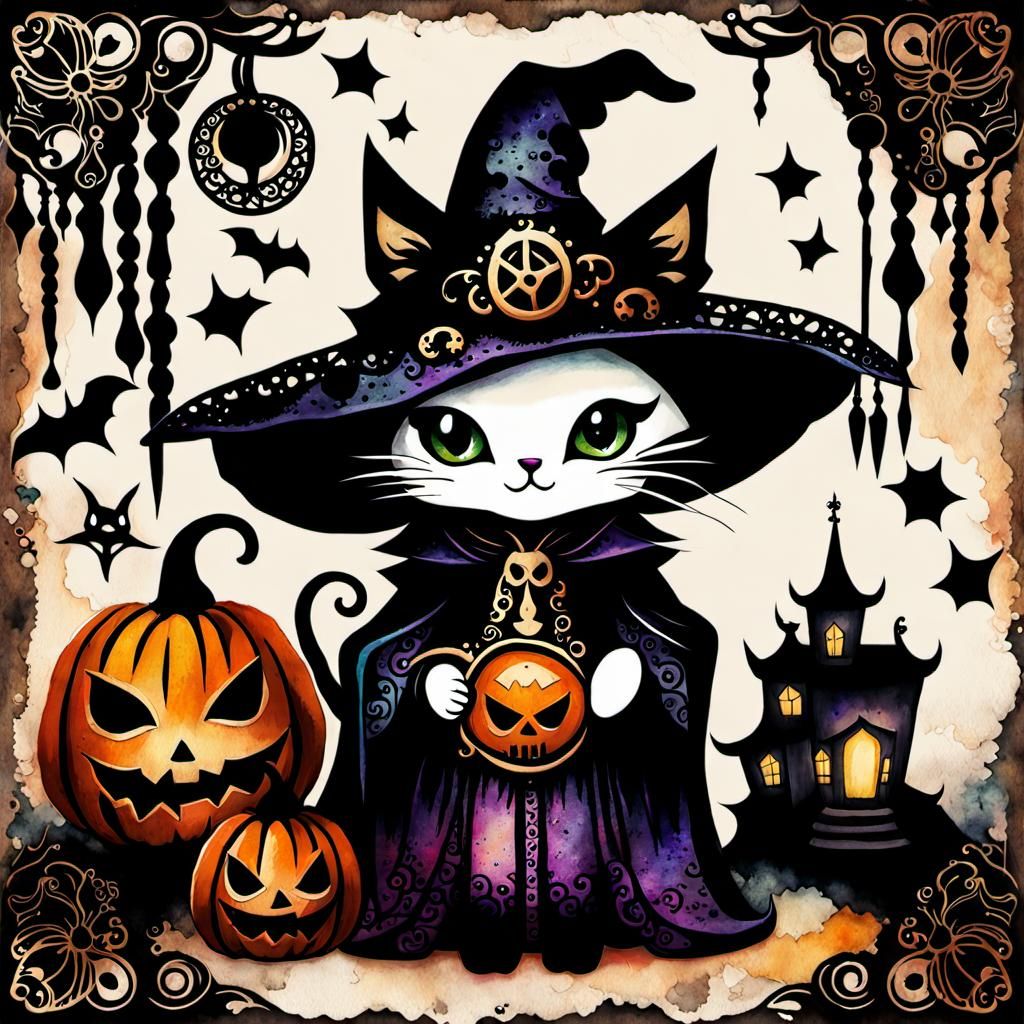 Chibi Cat in Witch Costume for Halloween
