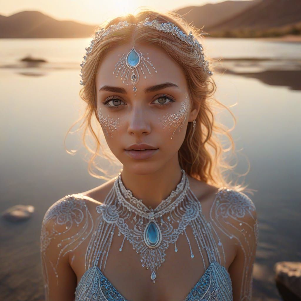 Goddess Emerging from Crystal Lake in Dreamlike Atmosphere