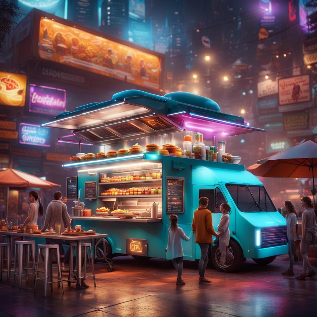 Futuristic Food Truck with Robot Chefs in Digital Art