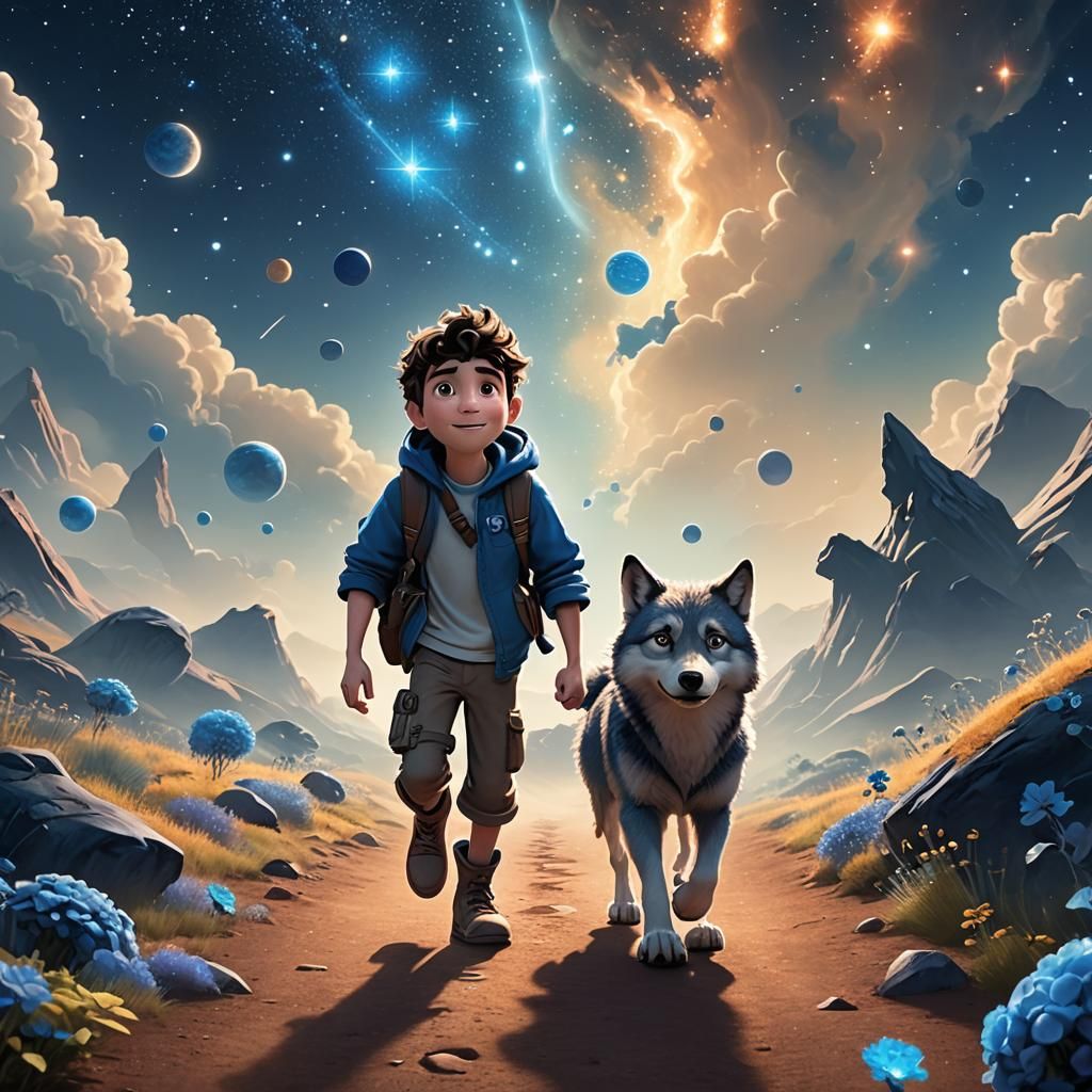 Magical Journey: Boy and Wolf in Pixar Style