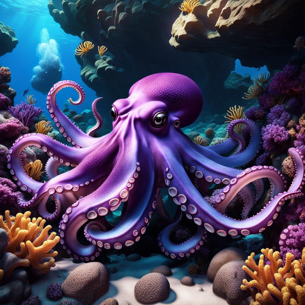 Purple Octopus in Anime Style Coral Reef