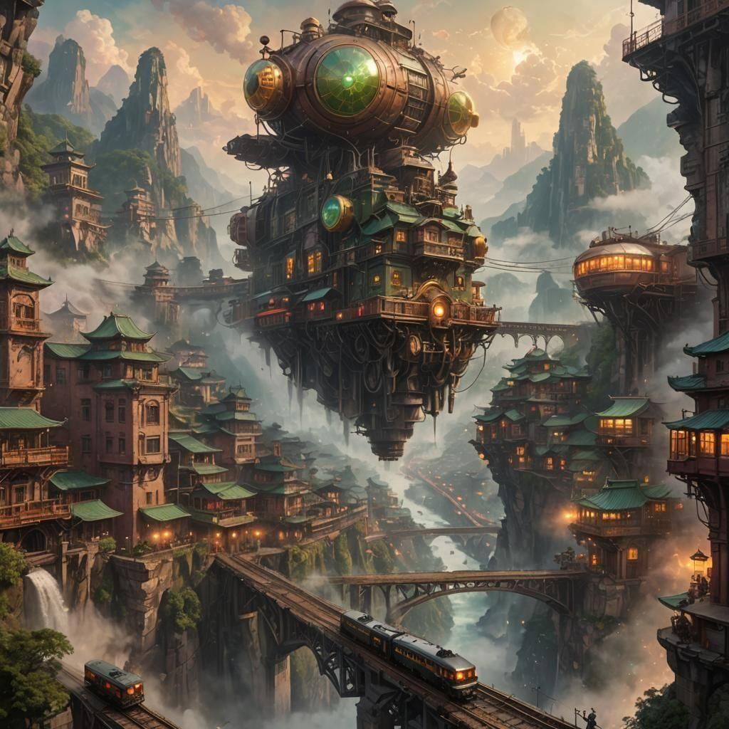 trains in the mountain city of chongqing in a steampunk fant...