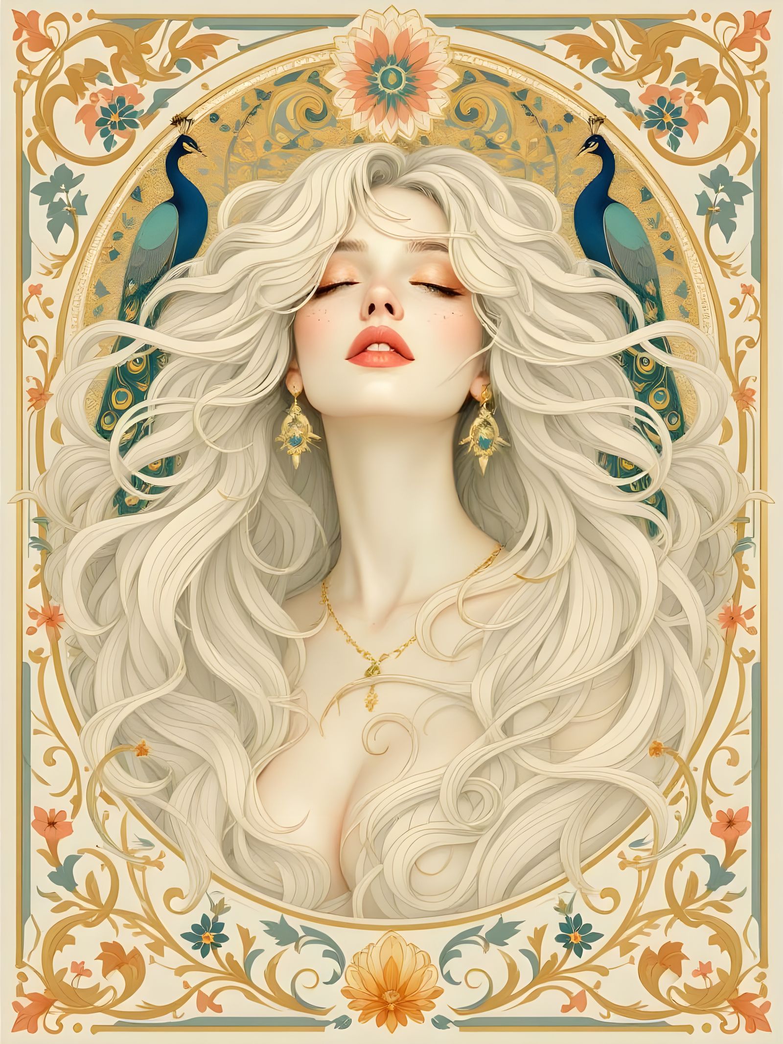 Art Nouveau Portrait with Flowing Hair and Peacocks