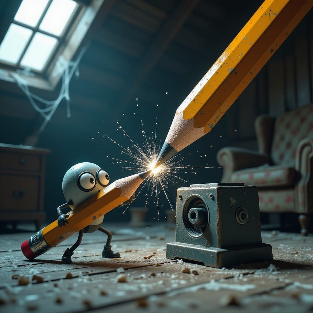 Animated Pencil Battles Giant Sharpener in Dark Fantasy Styl...