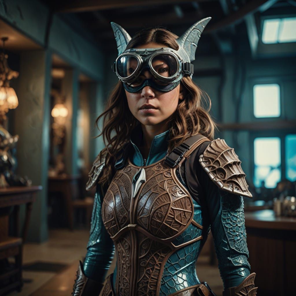 Cinematic Portrait of a Spanish-American Girl in Shark Costu...