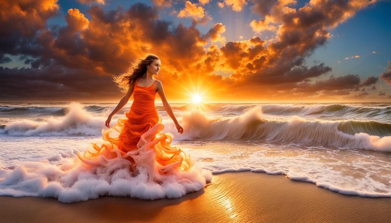 Ocean Wave Girl: Hyperrealistic Seascape Photography