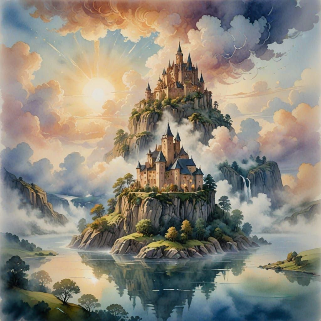 Floating Island Abbey in Ethereal Watercolor Style