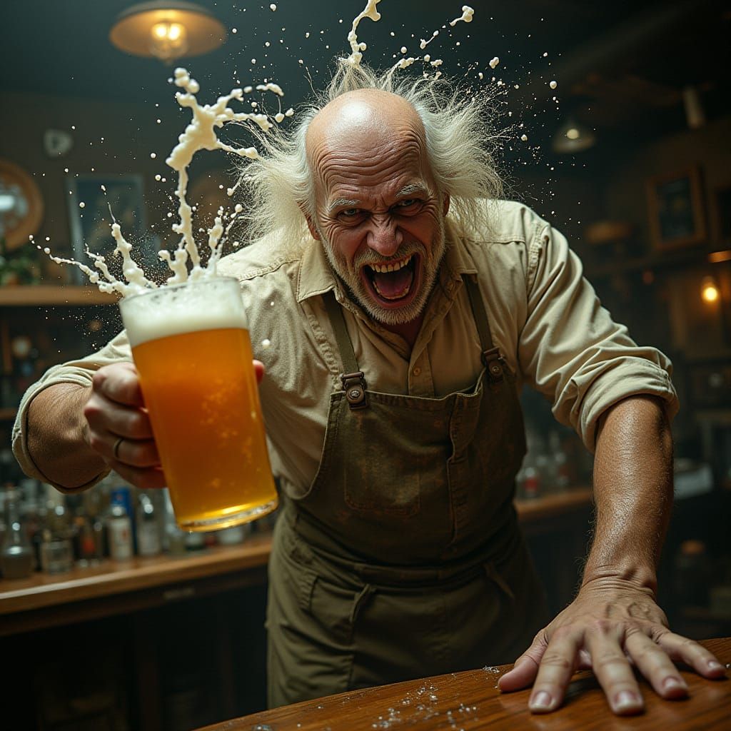 Sinister Bartender Hurls Beer in Dark Futurism