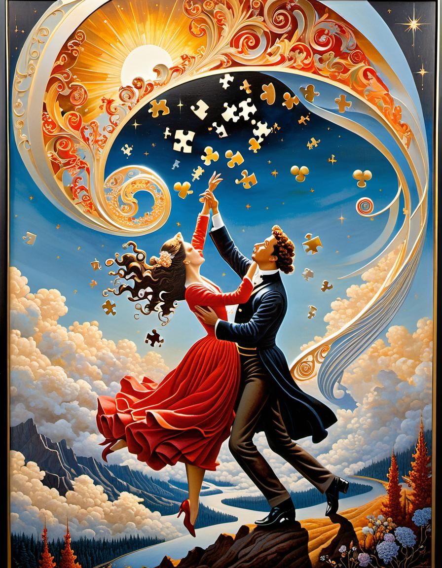 Couple Freefalling Above Jigsaw Puzzle in Collage Style