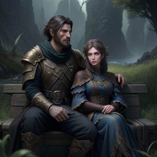 Fantasy Concept Art: Girl Sits With Man in Lush Landscape