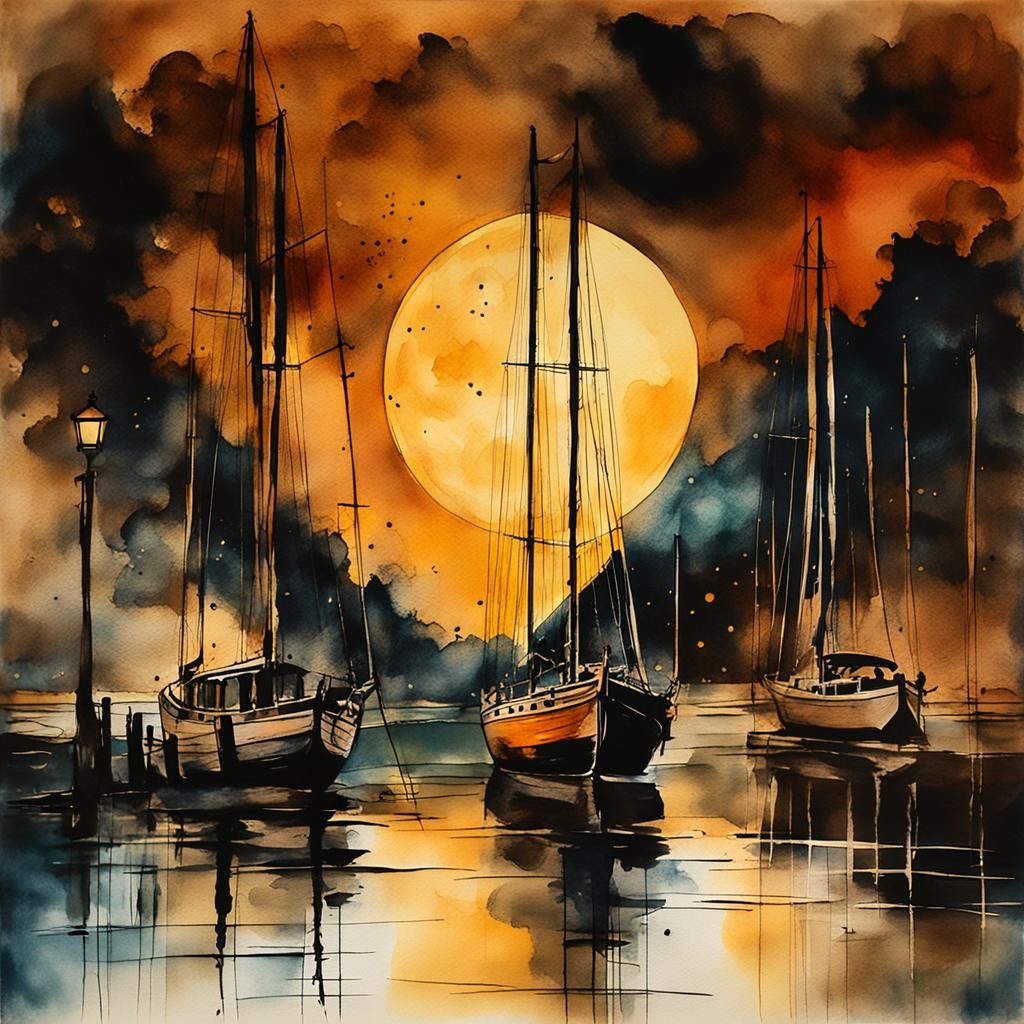 Midnight Pier Scene in Moody European Ink Painting Style