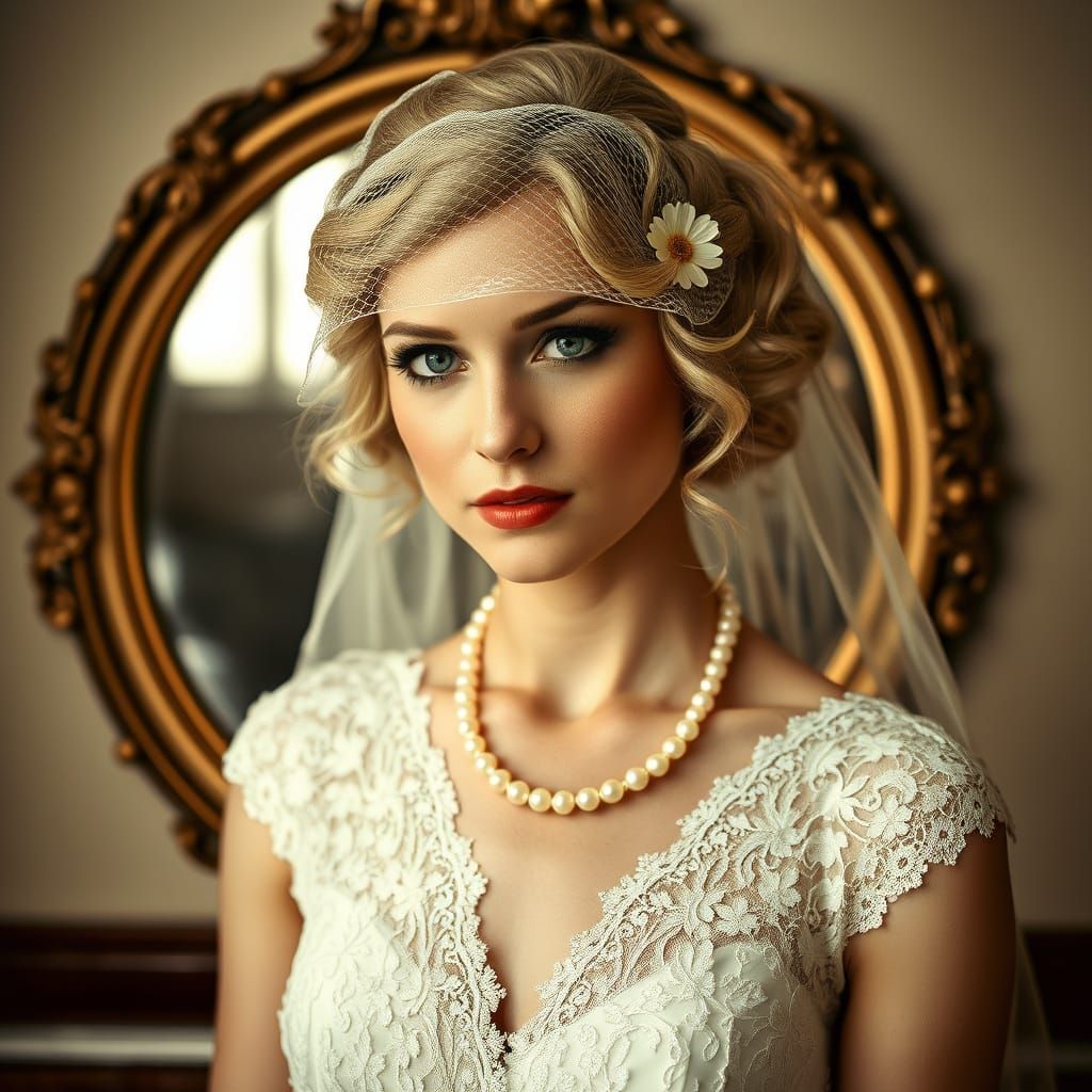 Vintage Bride in Elegant 1920s Attire, Adorned with Pearls a...