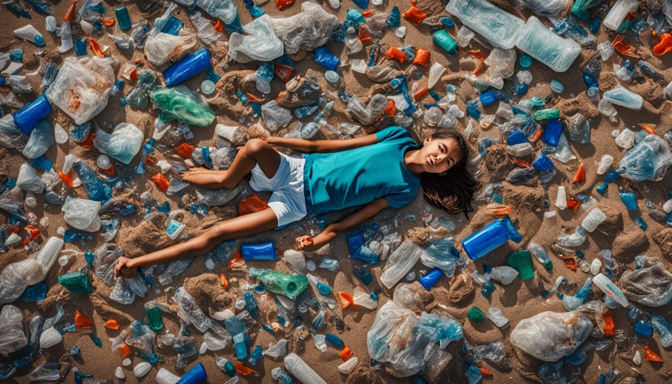 aerial view close up of a girl, lying back, flat on a beach ...
