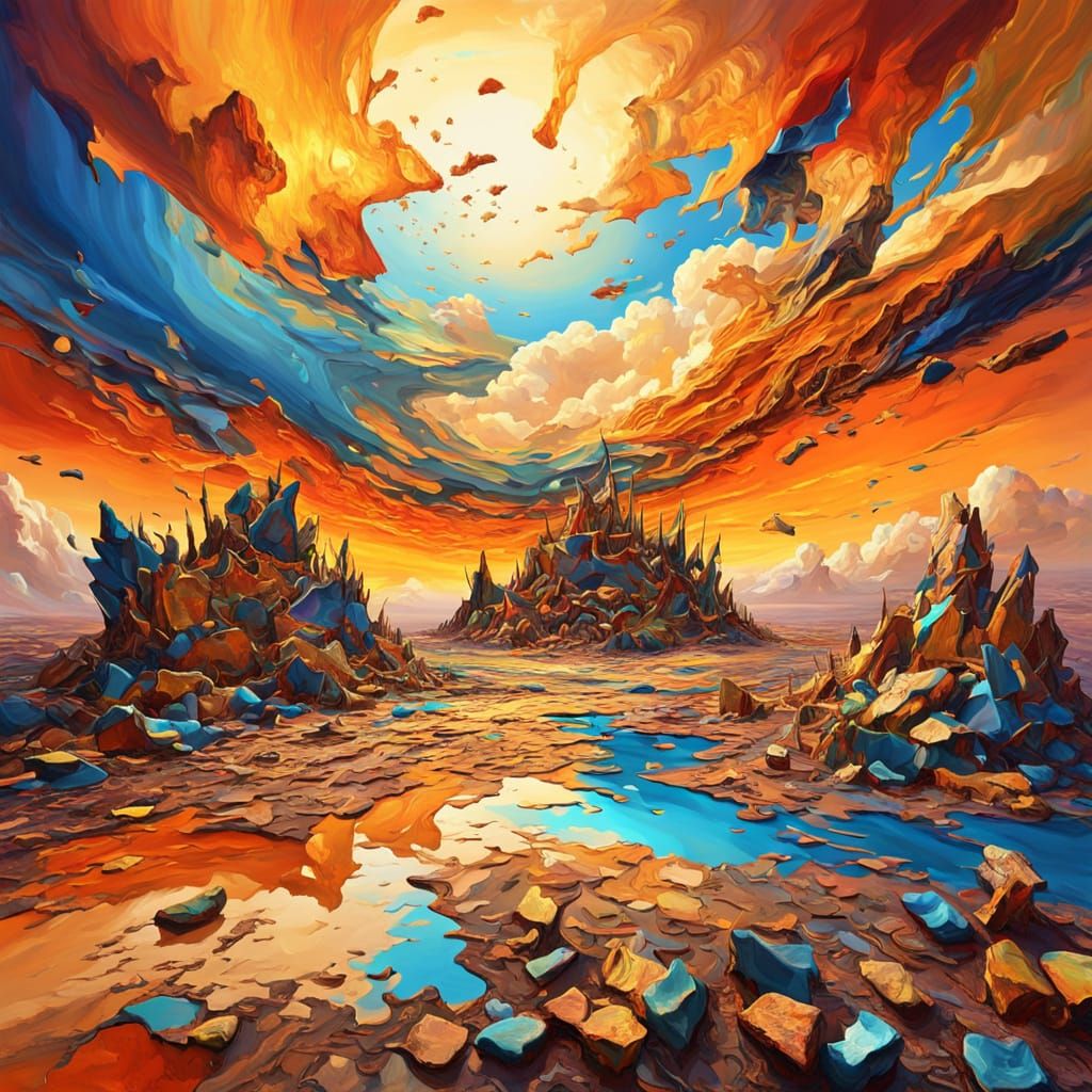 Surreal Fragmented World in Vibrant Oil Painting