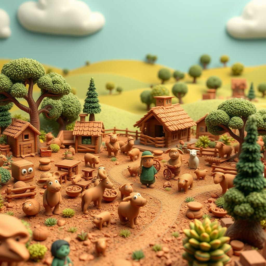 Whimsical Clay Farm in Wallace and Gromit Style