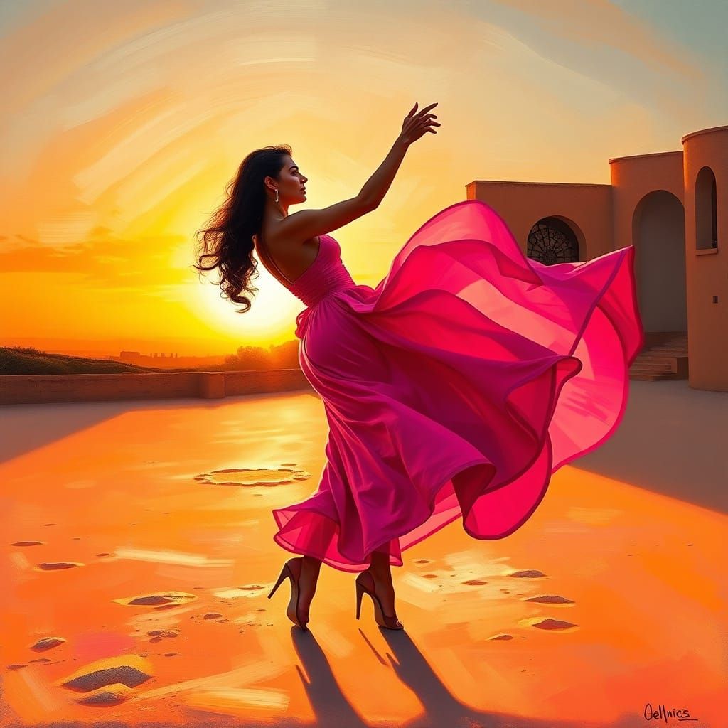 Woman Dancing Flamenco at Sunset in Oil Painting Style