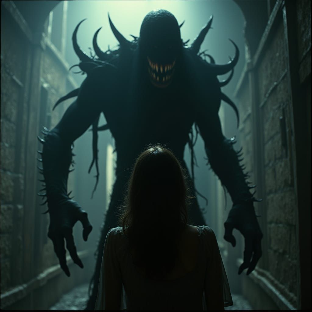 Cinematic Horror: Shadowy Monster Attacks Woman