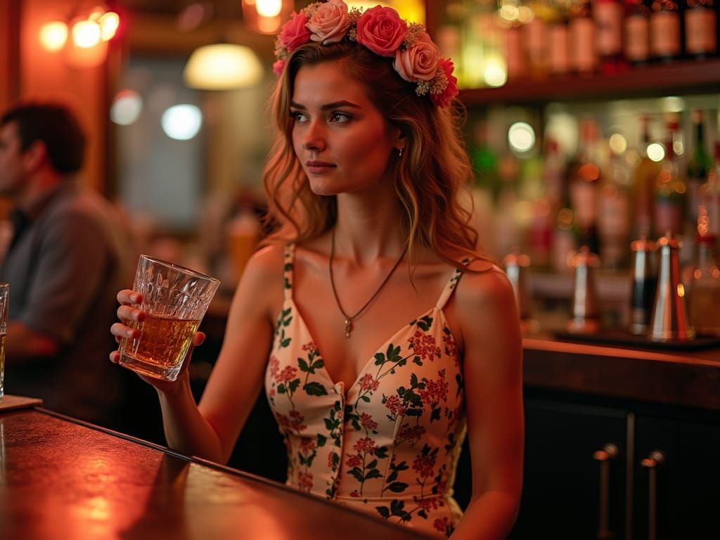 Floral Dress Bartender Serving Whiskey at Party Bar
