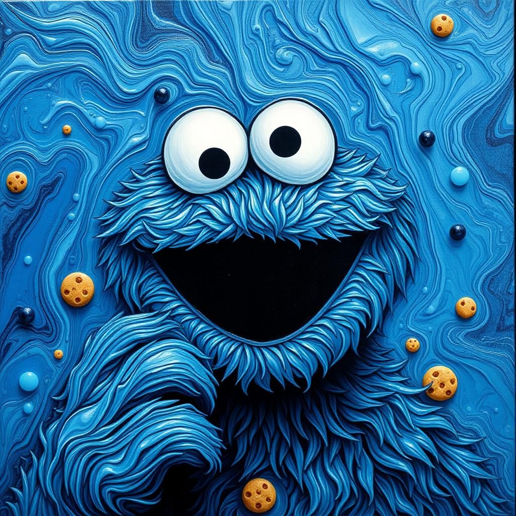 Cookie Monster Poured Paint Portrait in Blue