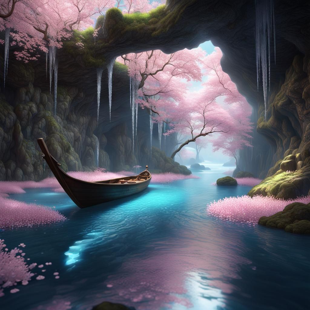 Crystal Cave River with Sakura Blossoms