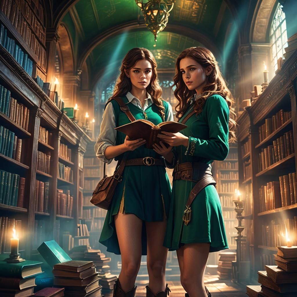 Mystical Library: Two Girls Holding Books