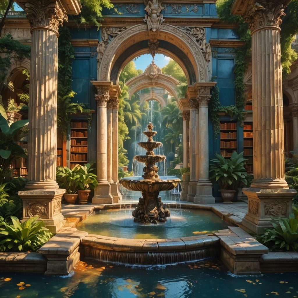 Beaux-Arts Library with Fountain in Golden Light