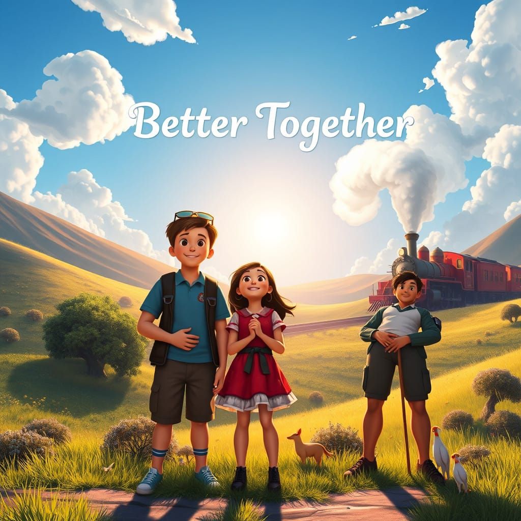 Friends Standing Together in Whimsical Landscape with Steam....