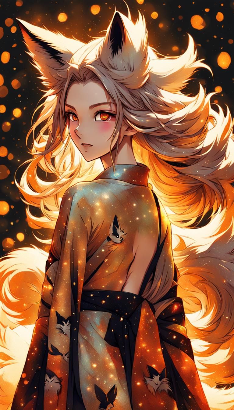 Witch with fox ears and fox tail wearing a kimono