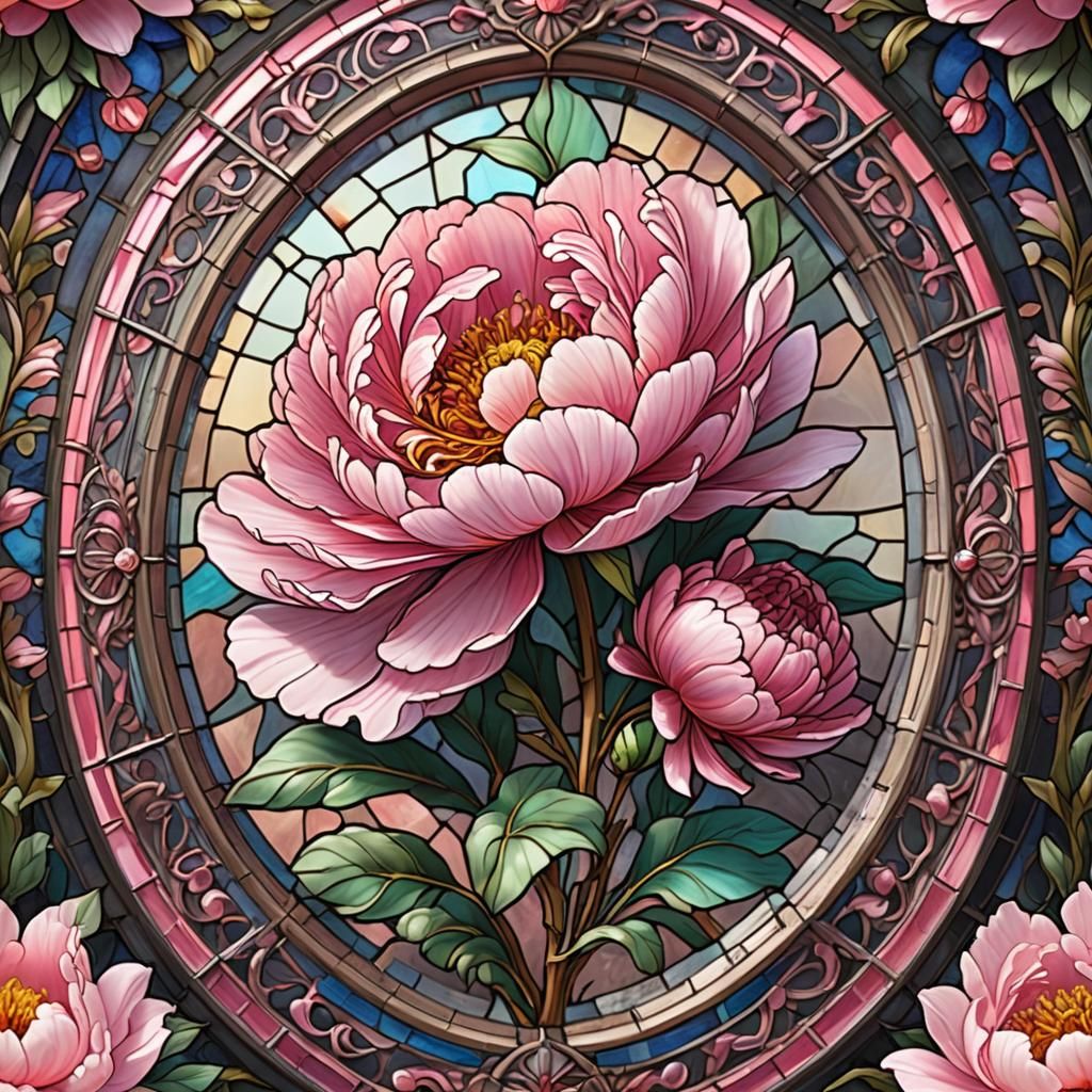 Pink Peony in Traditional Stained Glass Oval