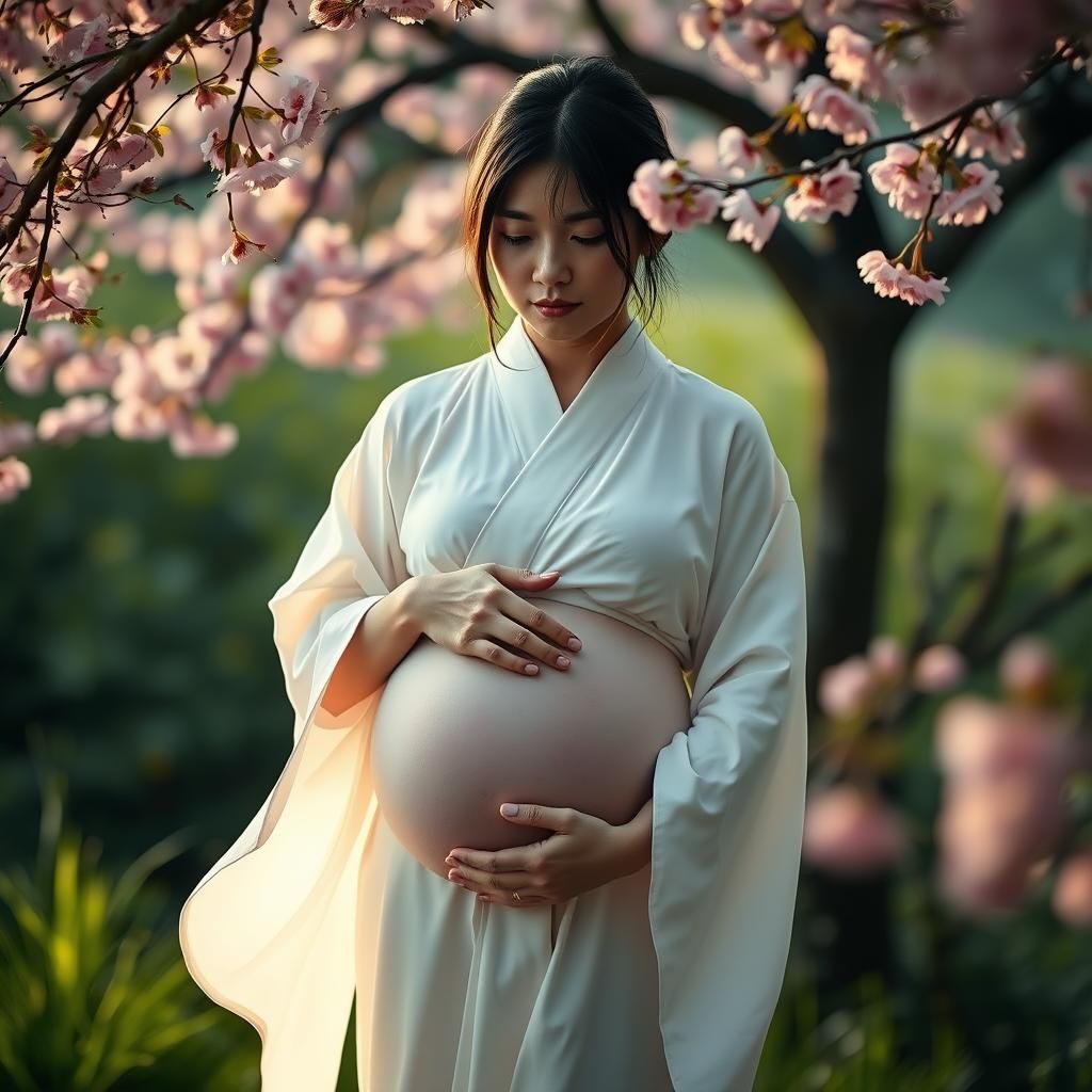 Pregnant Sadako Yamamura in Serene, Photorealistic Setting