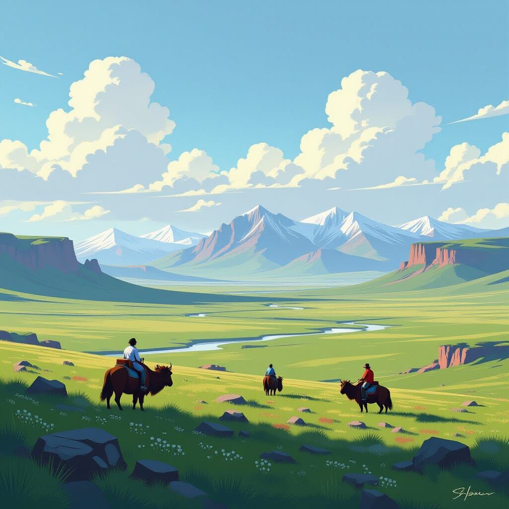 Mongolian Landscape with Clear Sky, in a Surreal Style