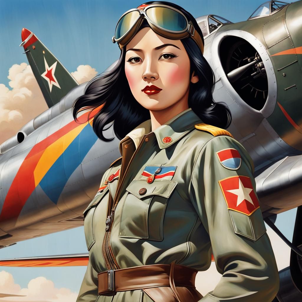 Female Pilot in Front of Fighter Plane, 1930s Style