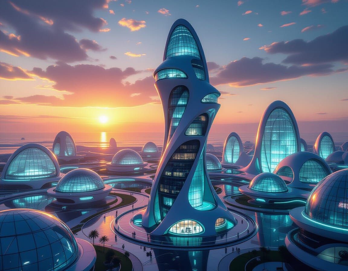 Futuristic Alien City at Sunset in Synthwave Style