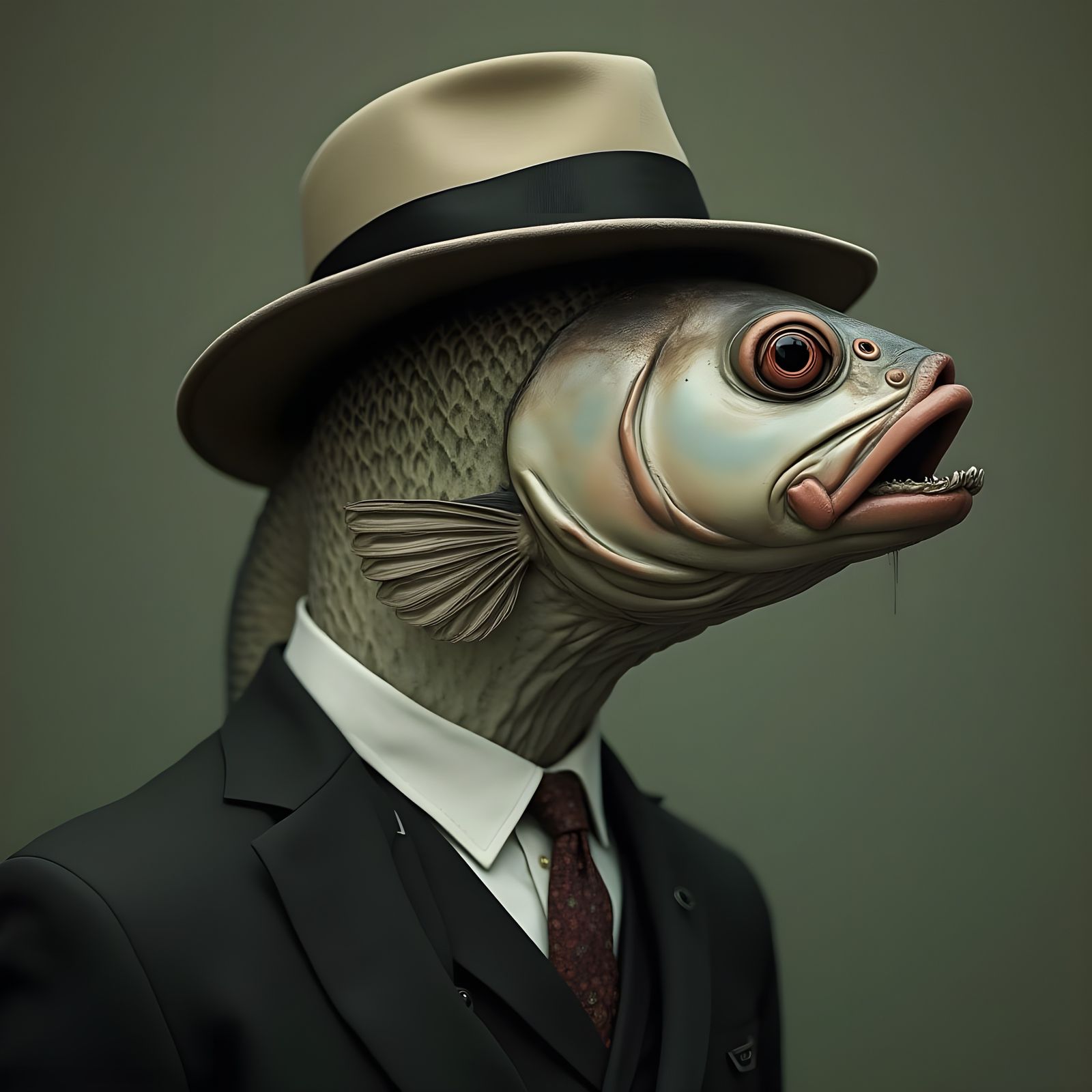 Human-Like Fish Head in Suit and Fedora