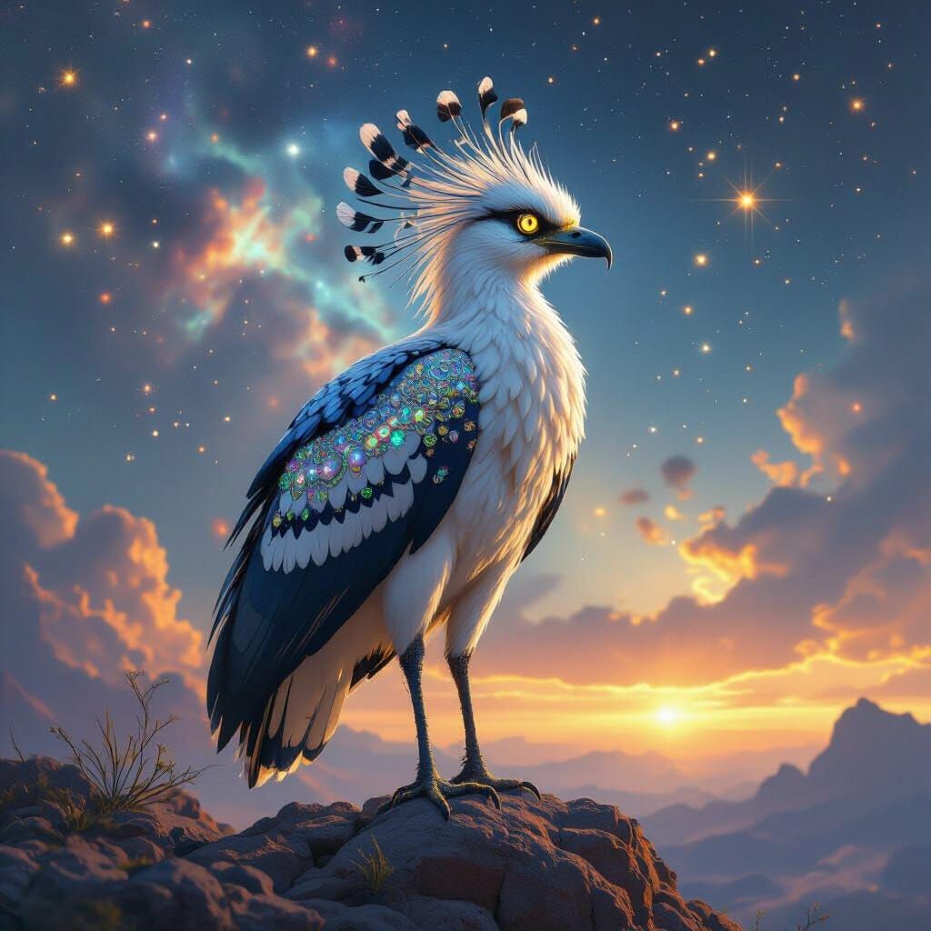 Majestic Secretary Bird Overlooking Nebula Sky