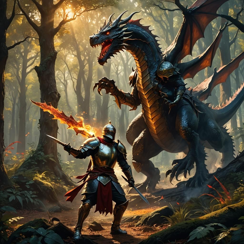 Knight and Dragon Clash in Mystical Forest