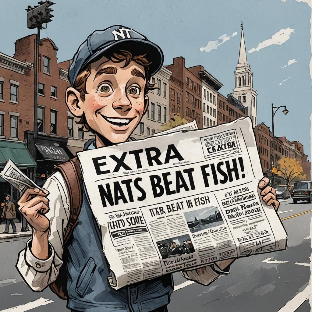 Newsboy Announces Nats Win in Line and Wash Art