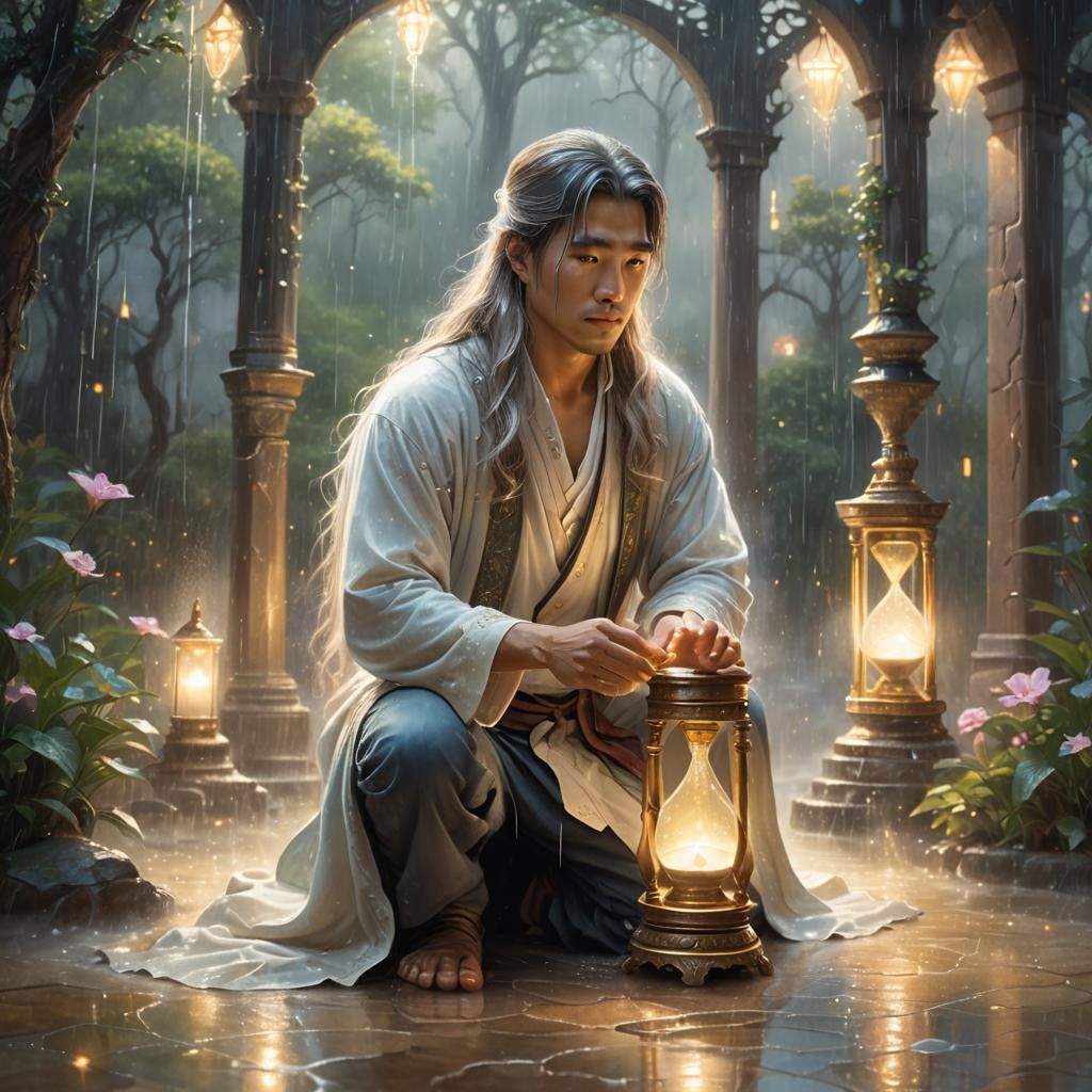 Mystical Hourglass in the Rain: Ethereal Fantasy Art