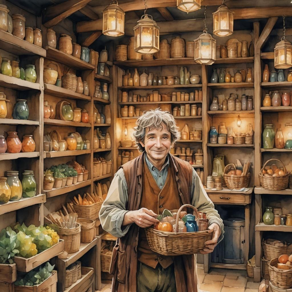 Bilbo Buys Supplies in Shire Market Watercolor
